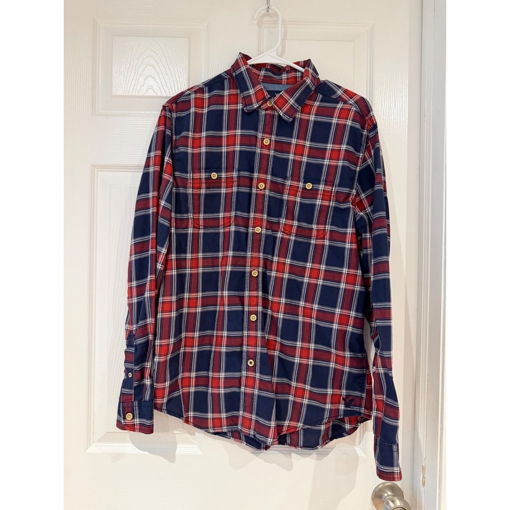 American Eagle Mens Large Classic Fit Plaid Button Down Shirt Red Navy Outdoors